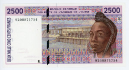 West African States Senegal 2500 Francs 1992
P# 712Ka; # 9208871754; "K" SENEGAL; aUNC-UNC