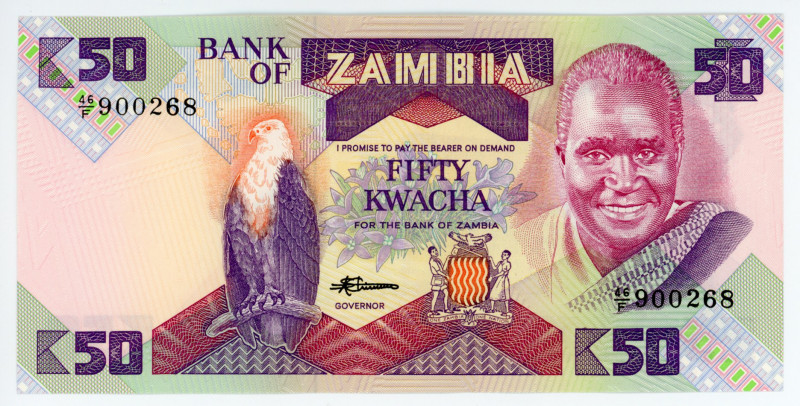 Zambia 50 Kwacha 1986
P# 28a; # 46F-900268; UNC