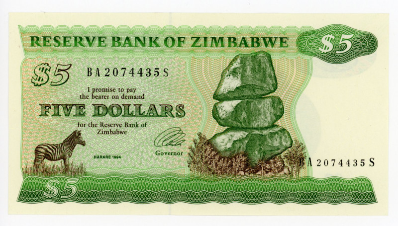 Zimbabwe 5 Dollars 1994
P# 2e; # BA2074435S; UNC