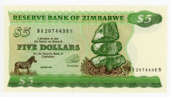 Zimbabwe 5 Dollars 1994
P# 2e; # BA2074435S; UNC