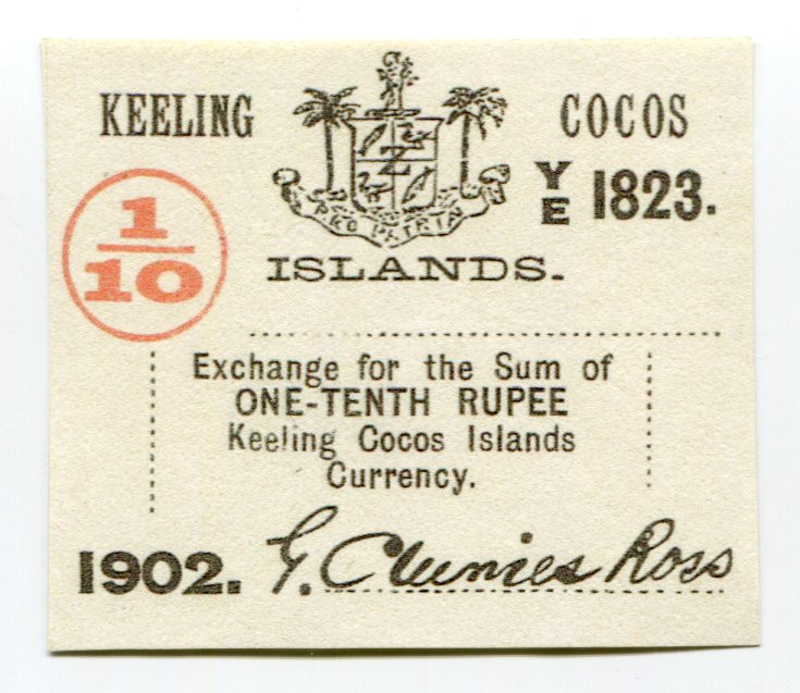 Australia Keeling Cocos Islands 1/10 Rupee 1902
P# S123; # YE 1823; Clunies-Ros...