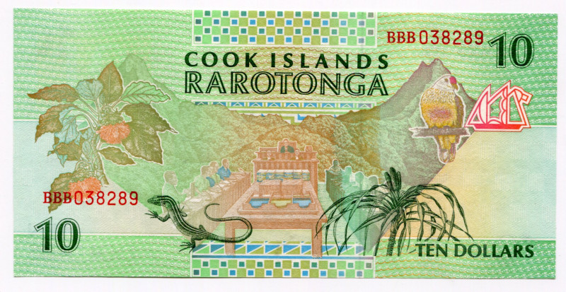 Cook Islands 10 Dollars 1992 (ND)
P# 8a; # BBB038289; Elizabeth II; UNC