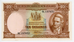 New Zealand 10 Shillings 1960 - 1967
P# 158d; # 9L 197832; Sign. R.N.Fleming; "James Cook"; RARE; XF+