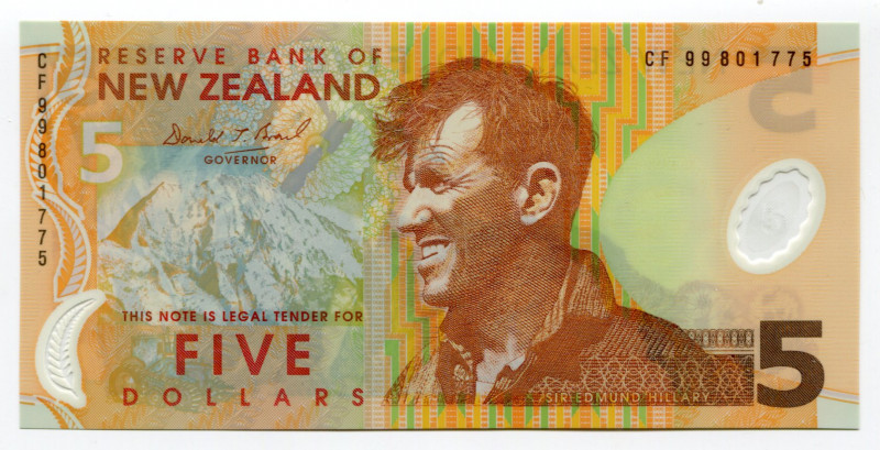 New Zealand 5 Dollars 1999
P# 185a; Polymer; # CF 99801775; Elizabeth II; UNC