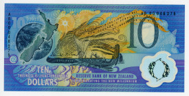 New Zealand 10 Dollars 2000
P# 190a; #AB00046275; New Millenium; Black Serial #; Polymer plastic; UNC