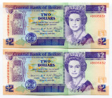 Belize 2 x 2 Dollars 1991
P# 52b; Consecutive numbers; Elizabeth II; UNC