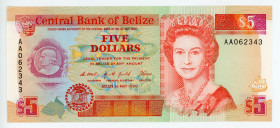 Belize 5 Dollars 1990
P# 53a; #AA062343; UNC