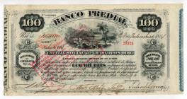 Brazil Banco Predial Bond 100 Mil Reis 1881
P-Unlisted; # 29324; A seldom encountered 100 Mil Reis bond from the Banco Predial; XF-AUNC with Pin Hole