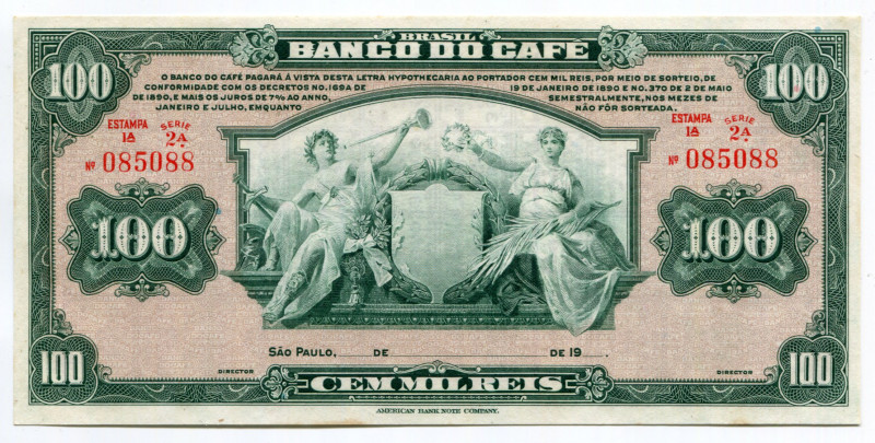 Brazil Banco do Café 100 Mil Reis 1929 (ND)
P# S541r.2; # 2a 085088; Mortgage b...