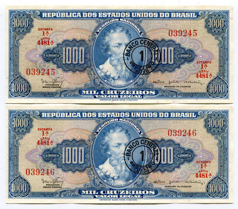 Brazil 2 x 1 Cruzeiro Novo on 1000 Cruzeiros 1967 (ND)
P# 187b; AUNC-UNC