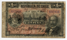 Chile 1 Peso 1919
P# 15b; # Qr 697956; VF