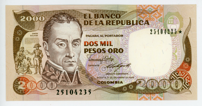 Colombia 2000 Pesos Oro 1986 Replacement
P# 433ar; #25104235*; Star; UNC