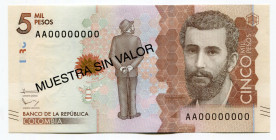 Colombia 5000 Pesos 2016 (2015) Specimen
P# 459as; UNC