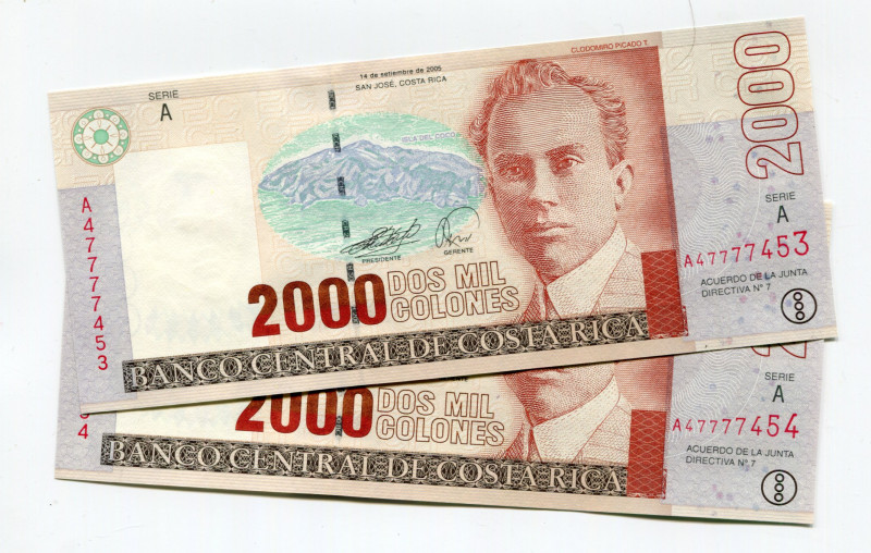 Costa Rica 2 x 2000 Colones 2005
P# 265e; A series; Consecutive numbers; UNC