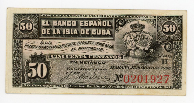 Cuba 50 Centavos 1896
P# 46a; # 0201927; XF+