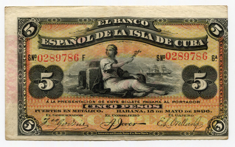 Cuba 5 Pesos 1896 With Overprint
P# 48b; With overprint PLATA in red, on back; ...