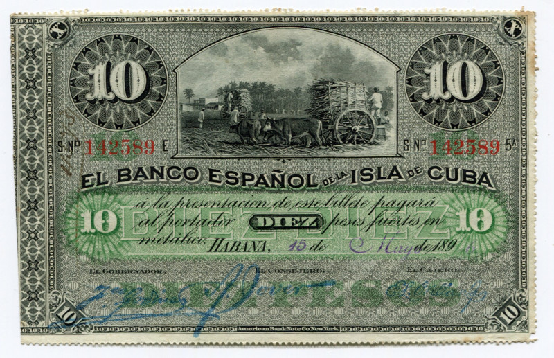 Cuba 10 Pesos 1896
P# 49a; # 142589 E; AUNC