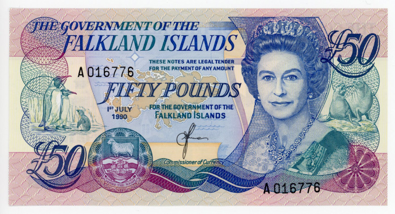 Falkland Islands 50 Pounds 1990
P# 16a; # A016776; Elizabeth II; UNC