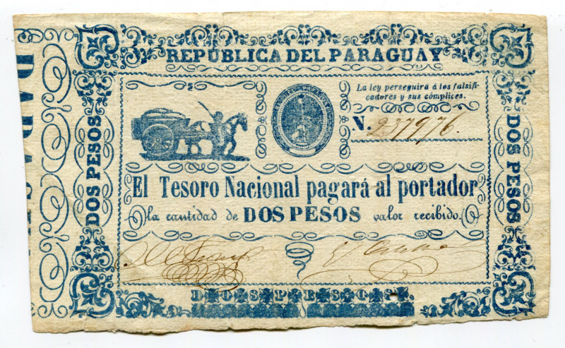 Paraguay 2 Pesos 1865 (ND)
P# 22; # 237976; VF+ Holed