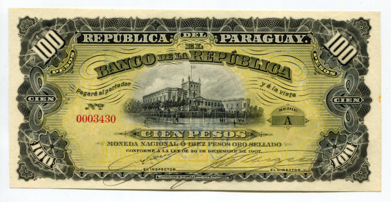 Paraguay 100 Pesos 1907
P# 159; # A 0003430; UNC