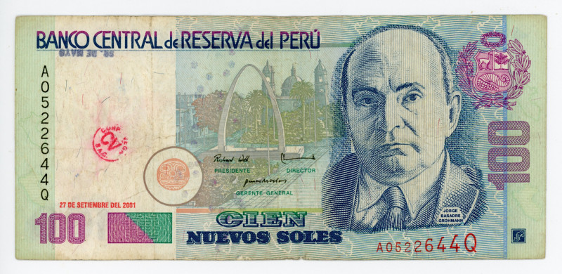 Peru 100 Nuevos Soles 2001
P# 178a; # A0522644Q; F