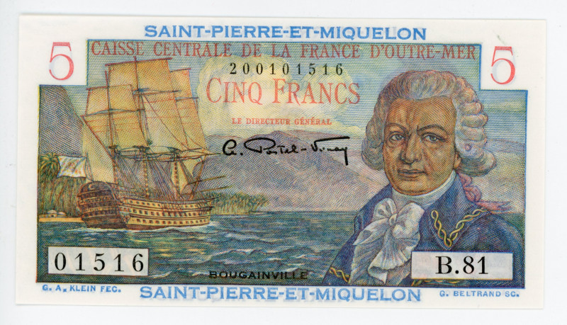 Saint Pierre & Miquelon 5 Francs 1950 - 1960 (ND)
P# 22; #B.81 01516; UNC