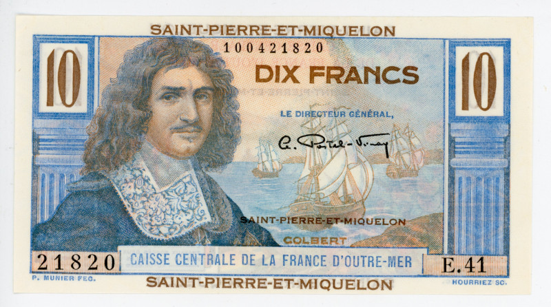 Saint Pierre & Miquelon 10 Francs 1950 - 1960 (ND)
P# 23; #E.41 100421820; UNC