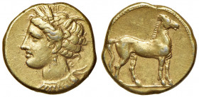 Zeugitana 310-290 v. Chr
Griechen. Au-Stater, o. Jahr. Kopf der Tanit / Pferd
Karthago
7,33g
Jenkins/Lewis Gruppe V, Nr. 249-253, SNG Cop.136
ss+