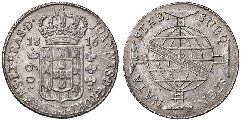 João VI. 1799-1826
Brasilien. 960 Reis, 1816. deutliche Überprägungsspuren auf e...