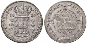 João VI. 1799-1826
Brasilien. 960 Reis, 1816. deutliche Überprägungsspuren auf einem 8 Reales der Münzstätte Lima/Peru
B-Bahia
27,09g
KM 307.1
vz/stgl...