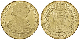 Carlos III. 1759 - 1788
Kolumbien. 8 Escudos, 1784. SF - Popayan
27,00g
La Onza 820, AC 2053, Friedb. 36.
vz