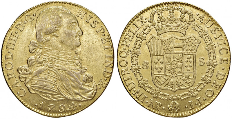 Carlos IV. 1788 - 1808
Kolumbien. 8 Escudos, 1794. JJ - Santa Fe (Nuevo Reino)
2...