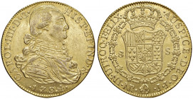 Carlos IV. 1788 - 1808
Kolumbien. 8 Escudos, 1794. JJ - Santa Fe (Nuevo Reino)
27,14g
La Onza 1125, AC 1726, Friedb. 51
vz