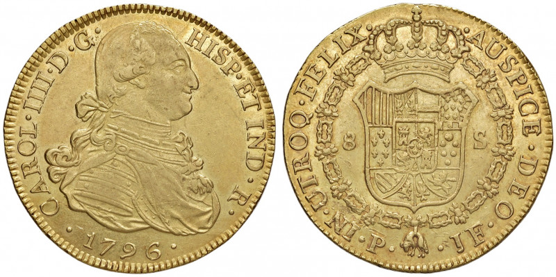 Carlos IV. 1788 - 1808
Kolumbien. 8 Escudos, 1796. P-JF - Popayan
27,04g
La Onza...