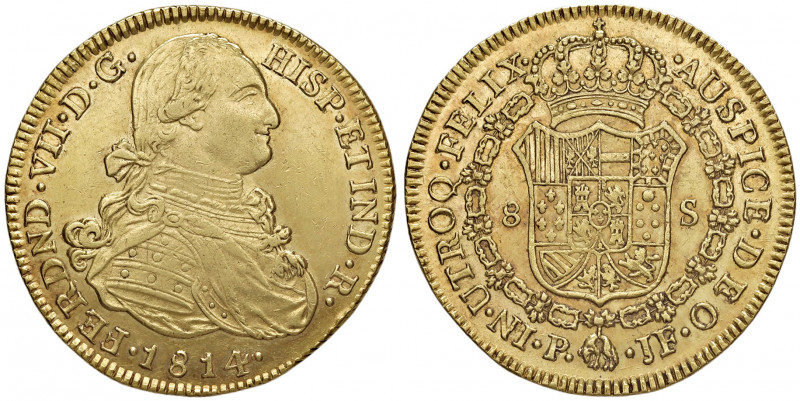 Fernando VII. 1808 - 1824
Kolumbien. 8 Escudos, 1814. P-JF - Popayan
27,05g
La O...
