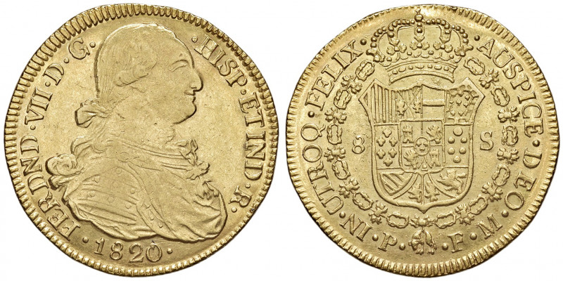 Fernando VII. 1808 - 1824
Kolumbien. 8 Escudos, 1820. P-F.M - Popayan
27,06g
La ...