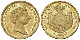 Karl XIV. Johann 1818 - 1844
Schweden. 4 Dukaten, 1838. Büste r.//Gekröntes Wappen: Drei Kronen (Tre kronor), umher die Kette des Seraphinenordens, da...