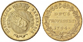 2 Duplone, 1793
Schweiz, Bern. RESPUBLICA BERNENSIS, Gekröntes Wappen // Im Eichenkranz: DEUS / PROVIDEBIT / 1793.. 15,26g
HMZ 2-213a.
stgl