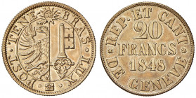 20 Francs, 1848
Schweiz, Genf. 7,67g. D.T. 277, HMZ 2-361a, Friedb. 263
vz/stgl