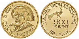 Volksrepublik 1949 - 1989
Ungarn. 500 Forint, 1967. zum 85. Geburtstag von Zoltan Kodaly, nur 1'000 Exemplare geprägt.
Budapest
42,18g
Schl. 168, ...
