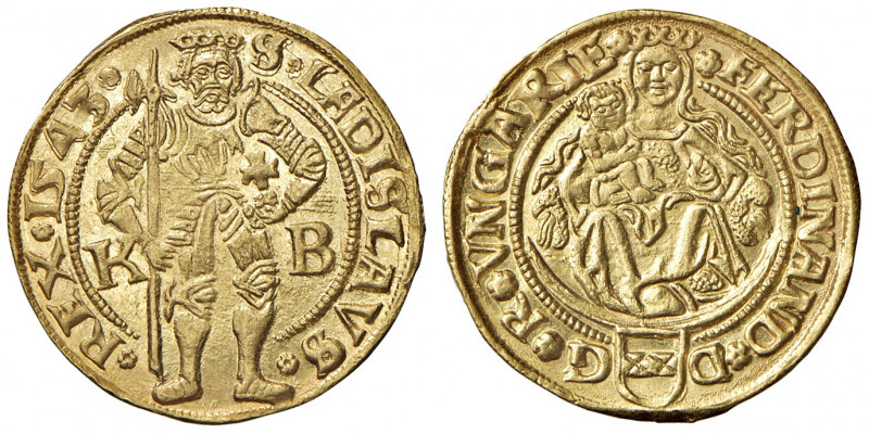 Ferdinand I. 1521 - 1564
Dukat, 1543. K-B, Kremnitz
3,56g
MzA. Seite 26
f.stgl