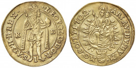 Leopold I. 1657 - 1705
Dukat, 1702 aus 1700. K-B, Kremnitz
3,44g
Her. 368
stark bearbeitete Felder
ss/ss+