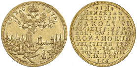 Karl VI. 1711 - 1740
2 Dukaten, 1711. auf die Krönung Karls VI. zum römischen Kaiser in Frankfurt, Stempel von Johann Jeremias Freytag, Ø 28 mm, Rs: *...