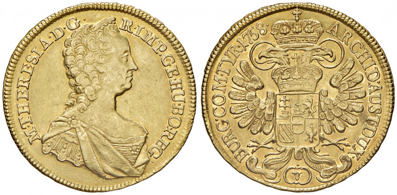 Maria Theresia 1740 - 1780
5 Dukaten, 1758. Geharnischtes und drapiertes Brustbi...