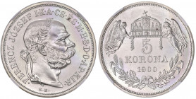 Franz Joseph I. 1848 - 1916
5 Korona, 1900. Restrike in NGC Holder
K-B, Kremnitz
24,01g
Fr. 2106
PF 67