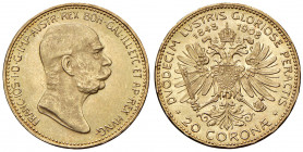 Franz Joseph I. 1848 - 1916
20 Kronen, 1908. auf sein 60. Regierungsjubiläum. Barhäuptiger Kopf r. FRANC IOS I D G IMP AUSTR REX BOH GAL ILL ETC ET AP...