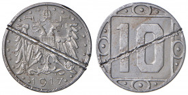 Karl I. 1619 - 1918
10 Heller, 1917. PROBE der Münze Wien in Eisen (Fe) mit schmalem Randstab und durch Teilung entwertet, Rand glatt, Ø 21 mm, Dicke ...