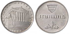 1 Schilling, 1924
1. Republik 1918 - 1933 - 1938. PROBE der Münze Wien in Silber (Ag) mit schmalem Randstab, Riffelrand, Ø 26,8 mm, Dicke 2,05 mm. Wie...