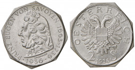 2 Schilling, 1936
1. Republik 1918 - 1933 - 1938. PROBEN der Münze Wien 2 Stück: Avers u. Revers in Zinn (Sn) mit schmalem Randstab und 8 eckig, einse...