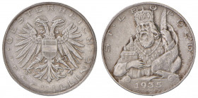 25 Schilling, 1935
1. Republik 1918 - 1933 - 1938. PROBE der Münze Wien in Silber (Ag) mit schmalem Randstab und einseitig, Riffelrand, Ø 21,7 mm, Dic...